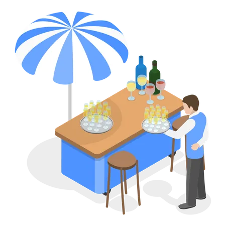 Man serving drinks at fair kiosk  Illustration