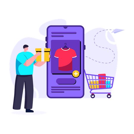 Man shopping online and adding product to cart  Illustration