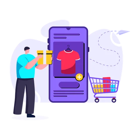 Man shopping online and adding product to cart  Illustration