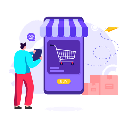 Man shopping online on sale day  Illustration