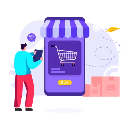 Man shopping online on sale day  Illustration