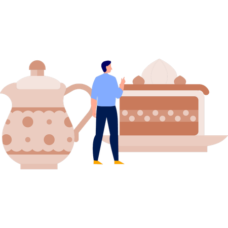 Man showing tea kittle  Illustration