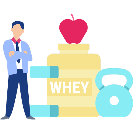 Man showing whey protein bottle  Illustration