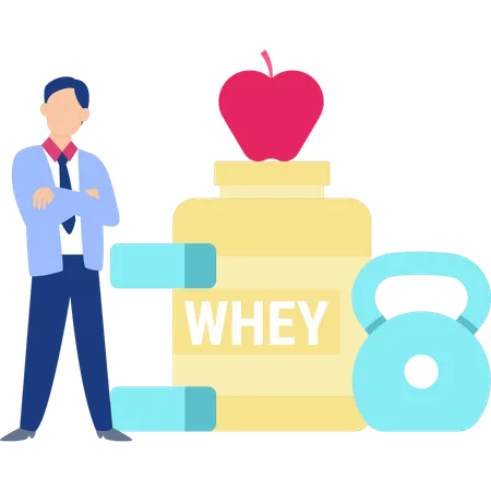 Man showing whey protein bottle  Illustration