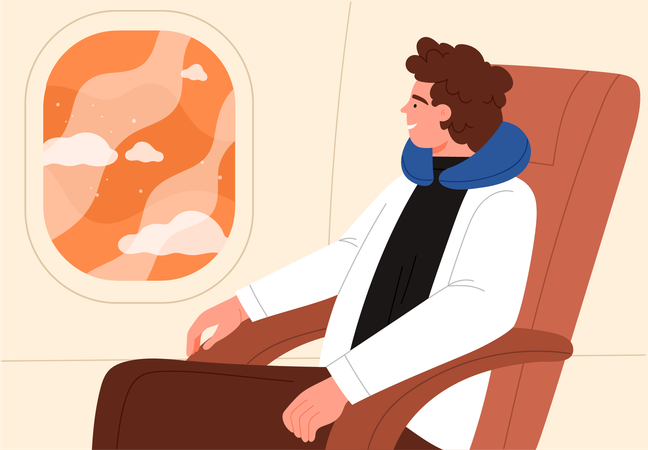 Man sitting in plane at window seat  일러스트레이션