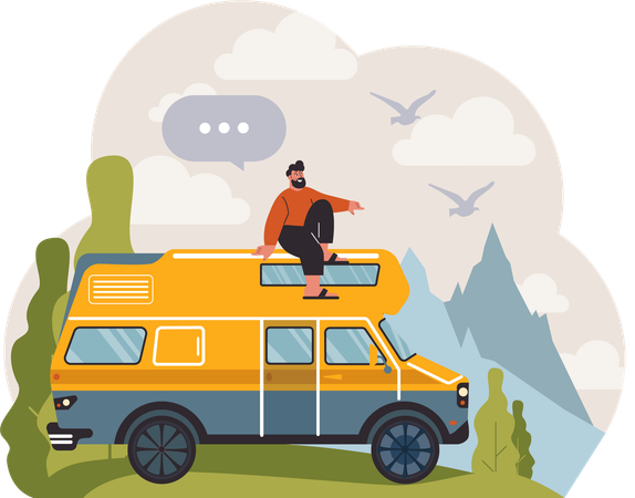 Man sitting on camping van  イラスト