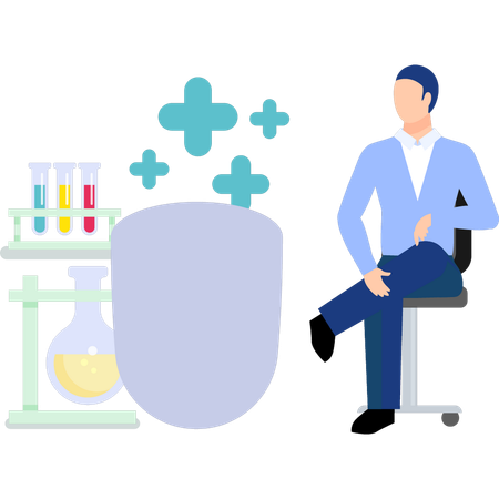 Man sitting on chair and doing medicine testing  Illustration