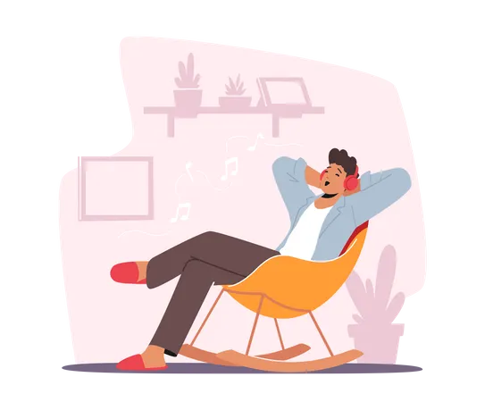 Man Sitting On Chair And Listening To Music  イラスト