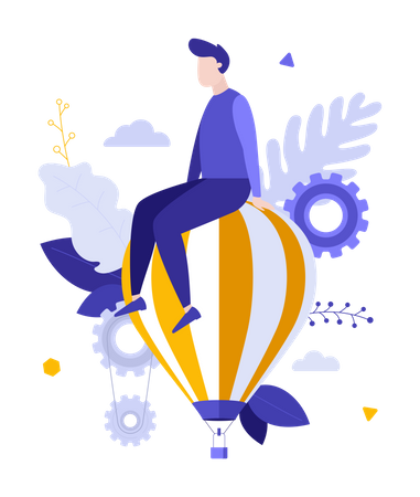 Man sitting on top of flying hot air balloon  Illustration