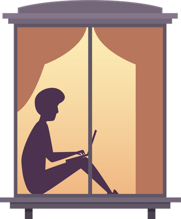 Man sitting on window and working on laptop  Illustration