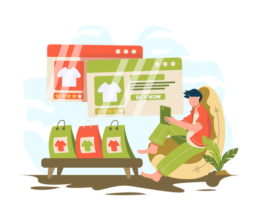 Man sitting relaxed and shopping online using mobile phone  イラスト