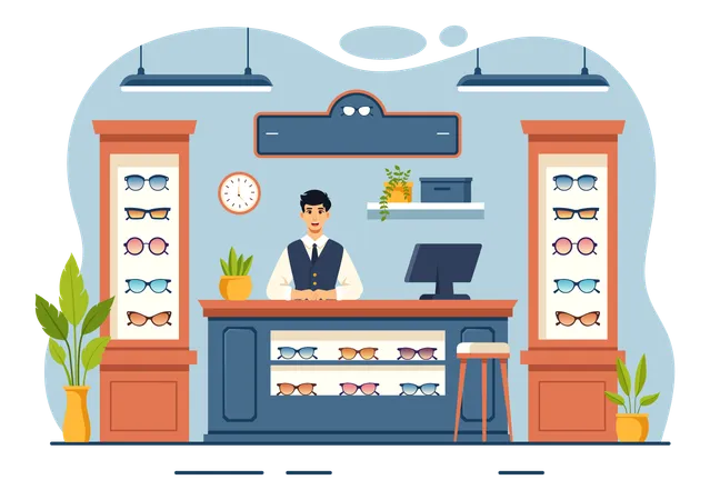 Man standing at cashier counter of optical store  Illustration