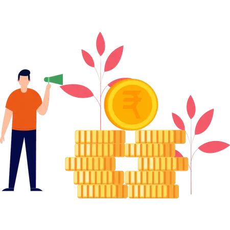 Man standing next to coins  イラスト