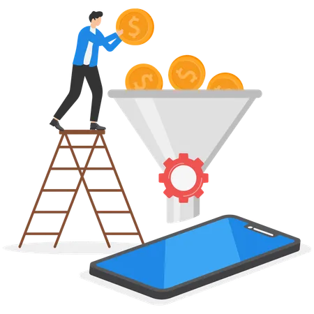 Man standing on ladder while pitting dollar coin in funnel  Illustration