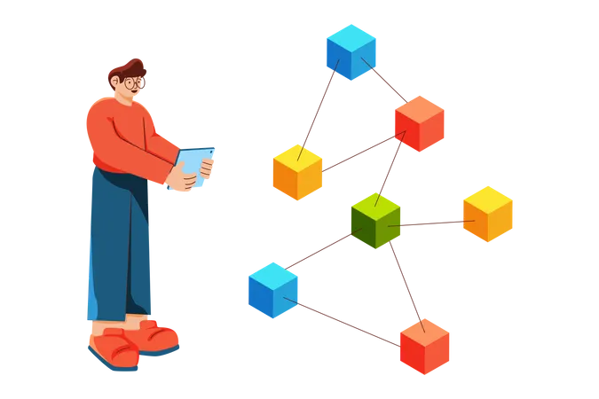 Man studying blockchain technology  일러스트레이션