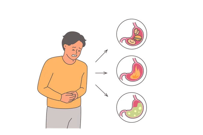 Man suffers from abdominal pain due to stomach problems and needs help of gastroenterologist  Illustration