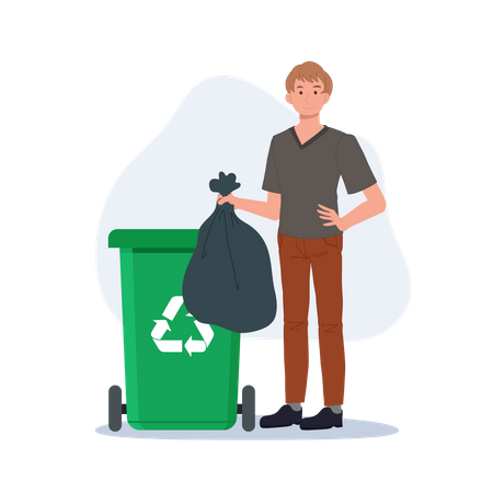 Man throws away trash into green trash bin with recycling symbol  Illustration