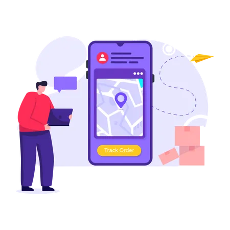 Man tracking delivery using smartphone application  Illustration