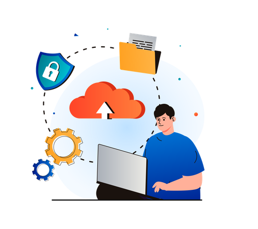 Man uploading data to secure cloud  일러스트레이션