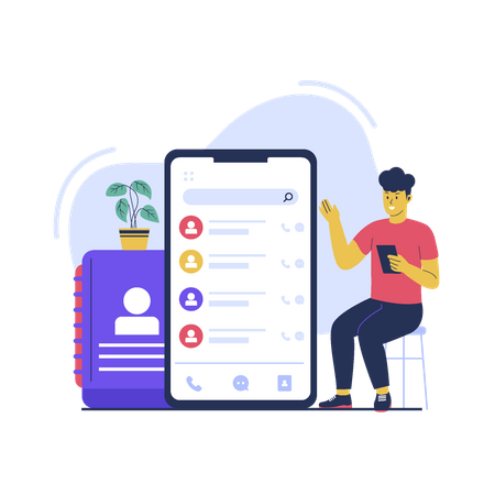 Homem usa aplicativos de lista telefônica de contatos  Ilustração