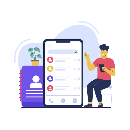 Homem usa aplicativos de lista telefônica de contatos  Ilustração