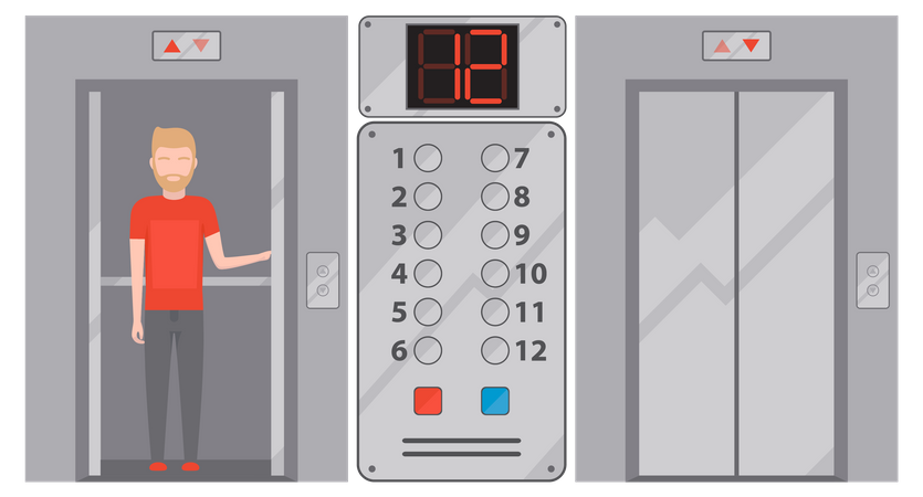 Man using lift for transporting people between floors  Illustration