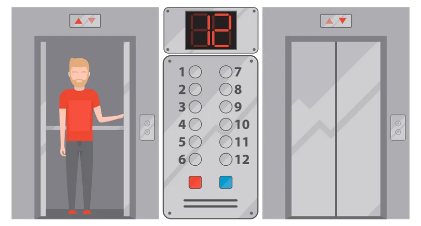 Man using lift for transporting people between floors  Illustration