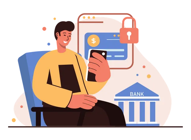 Man using secure mobile banking services  Illustration