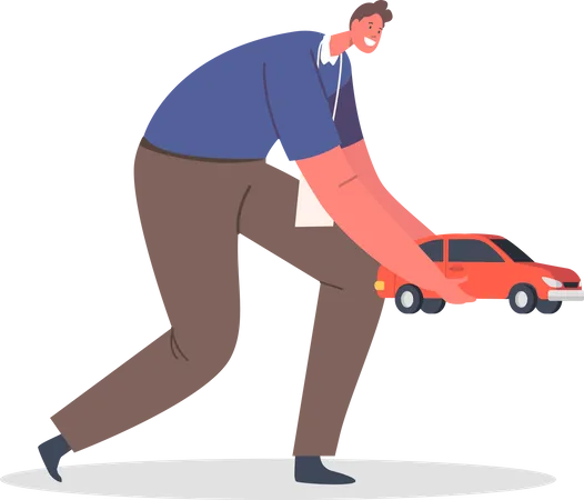 Man Volunteer Hold Plastic Car Gift  Illustration