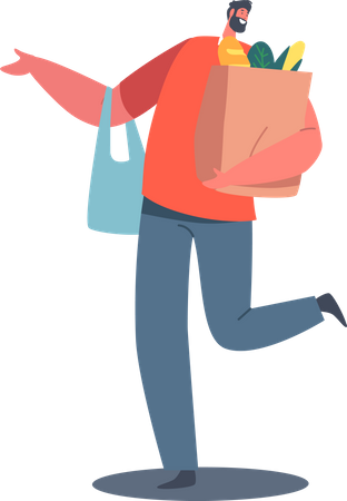 Man walking while holding grocery bag  イラスト