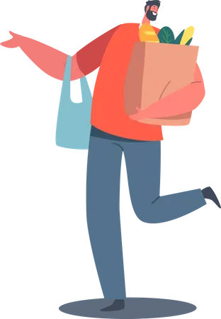 Man walking while holding grocery bag  イラスト