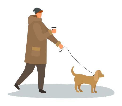 Man walking with dog during autumn season  Illustration