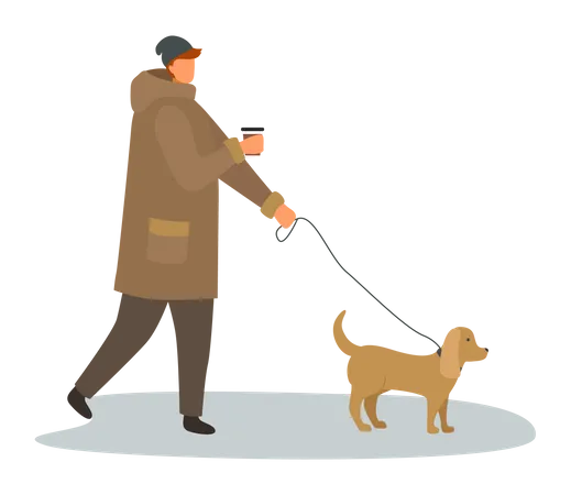 Man walking with dog during autumn season  Illustration