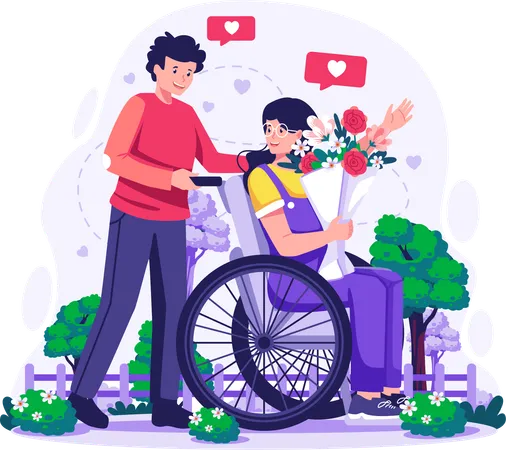 Man walking with his disabled girlfriend on Valentine's day  Illustration