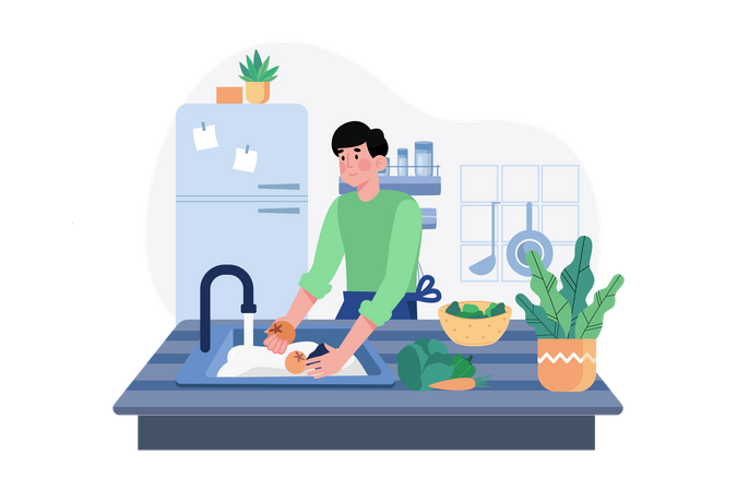 Man washing vegetables in kitchen  イラスト