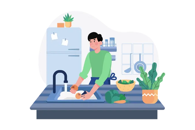 Man washing vegetables in kitchen  イラスト