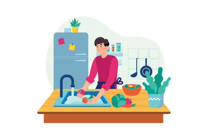 Man washing vegetables in kitchen  イラスト