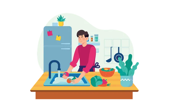 Man washing vegetables in kitchen  イラスト