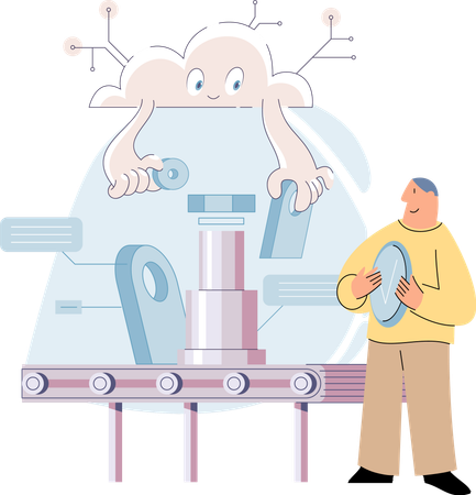 Man watching industrial conveyor with robot work  Illustration