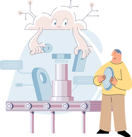 Man watching industrial conveyor with robot work  Illustration