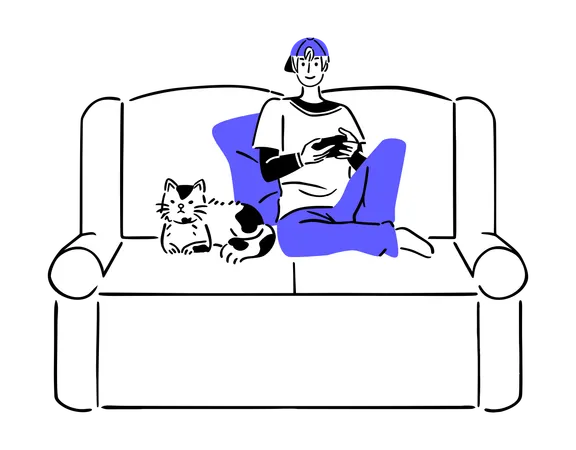 Man Watching TV with cat on sofa  Illustration