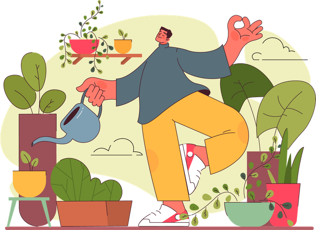 Man watering green plants  Illustration