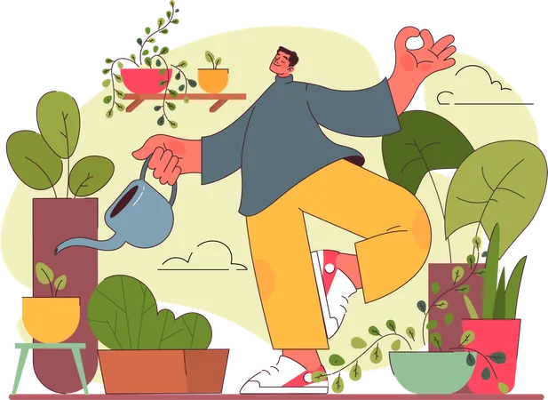 Man watering green plants  Illustration