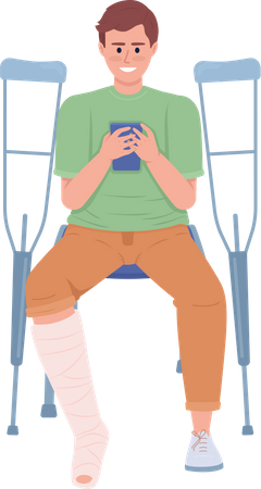 Man with broken leg looking at phone  Illustration