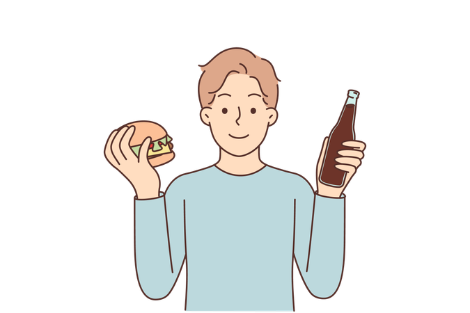 Man with hamburger and soda offers fast food snack or street restaurant with delicious sandwiches  Illustration