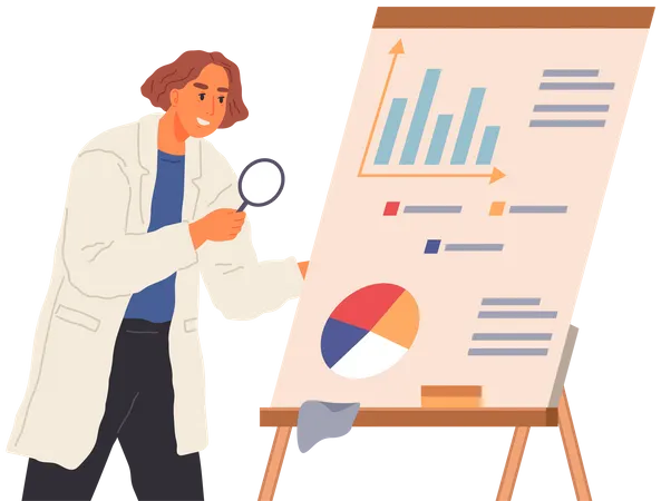 Man with loupe looking at chart  Illustration