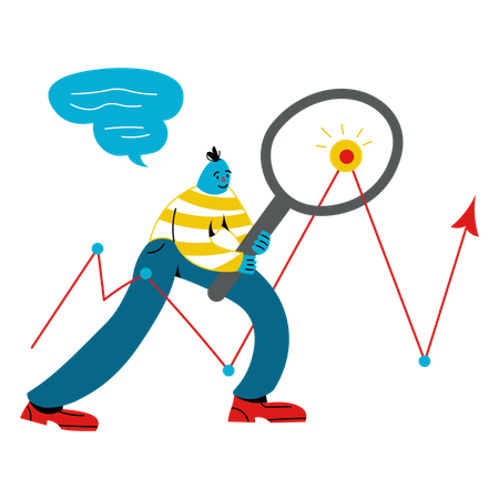 Man with magnifying glass looks at graph  Illustration