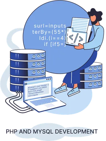 PHPとMySqlの開発に携わる男性  イラスト