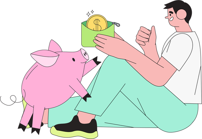 Man with piggybank analyze personal budget  Illustration