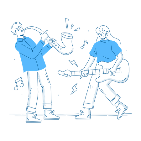 Man with saxophone and woman with guitar  イラスト